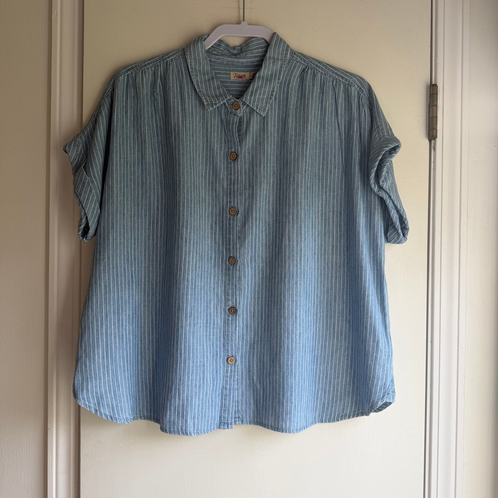 Faherty Womens Blue White Pinstripe Linen Tencel Short Sleeve Shirt Medium